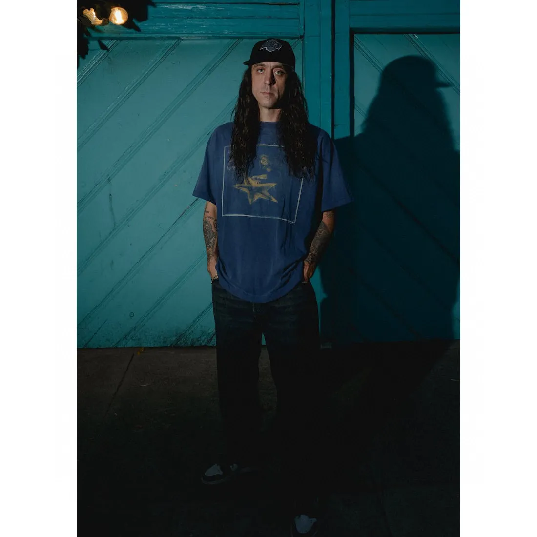 CACTUS PLANT FLEA MARKET x SAINT Mxxxxxx STAR SS TEE/NAVY New CPFM star smiley holed distressed short sleeves Washed blue S-XL Genuine consistent tube weaving without side seams High weight OE yarn fabric Assute dyeing Multiple horse fades Heavy wash water Worn holes Customized joint main mark/wash mark/little angel anti-counterfeiting label